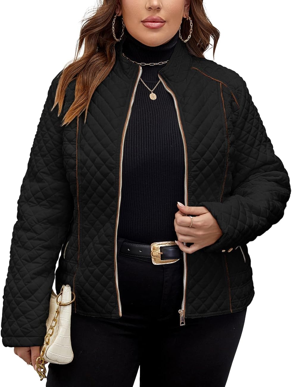 Women's Lightweight Padded Jacket Plus Size Quilted Winter Casual Coat Long Sve Zipper Outerwear(1X-5X)