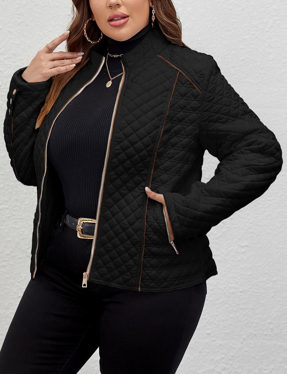 Women's Lightweight Padded Jacket Plus Size Quilted Winter Casual Coat Long Sve Zipper Outerwear(1X-5X) - Image 2