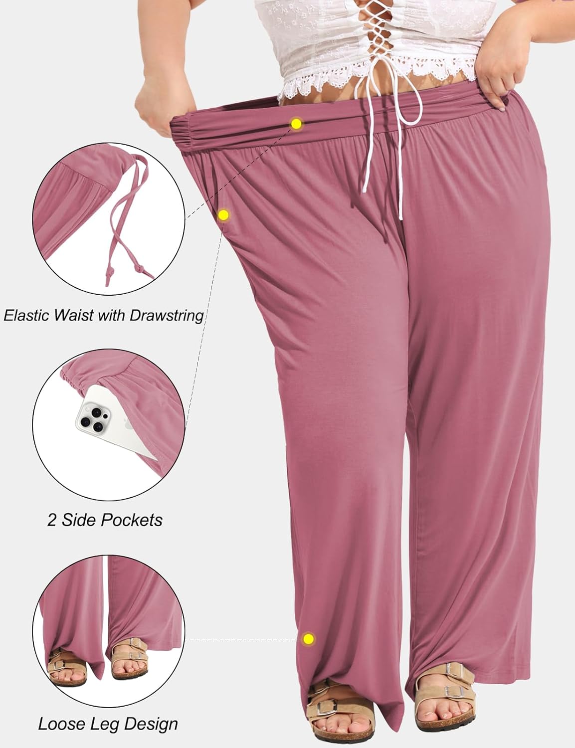 Plus Size Pants for Women Wide Leg Flowy Yogo Lounge Sweatpants Casual High Waisted Pajama with Pockets All Seasons - Image 2
