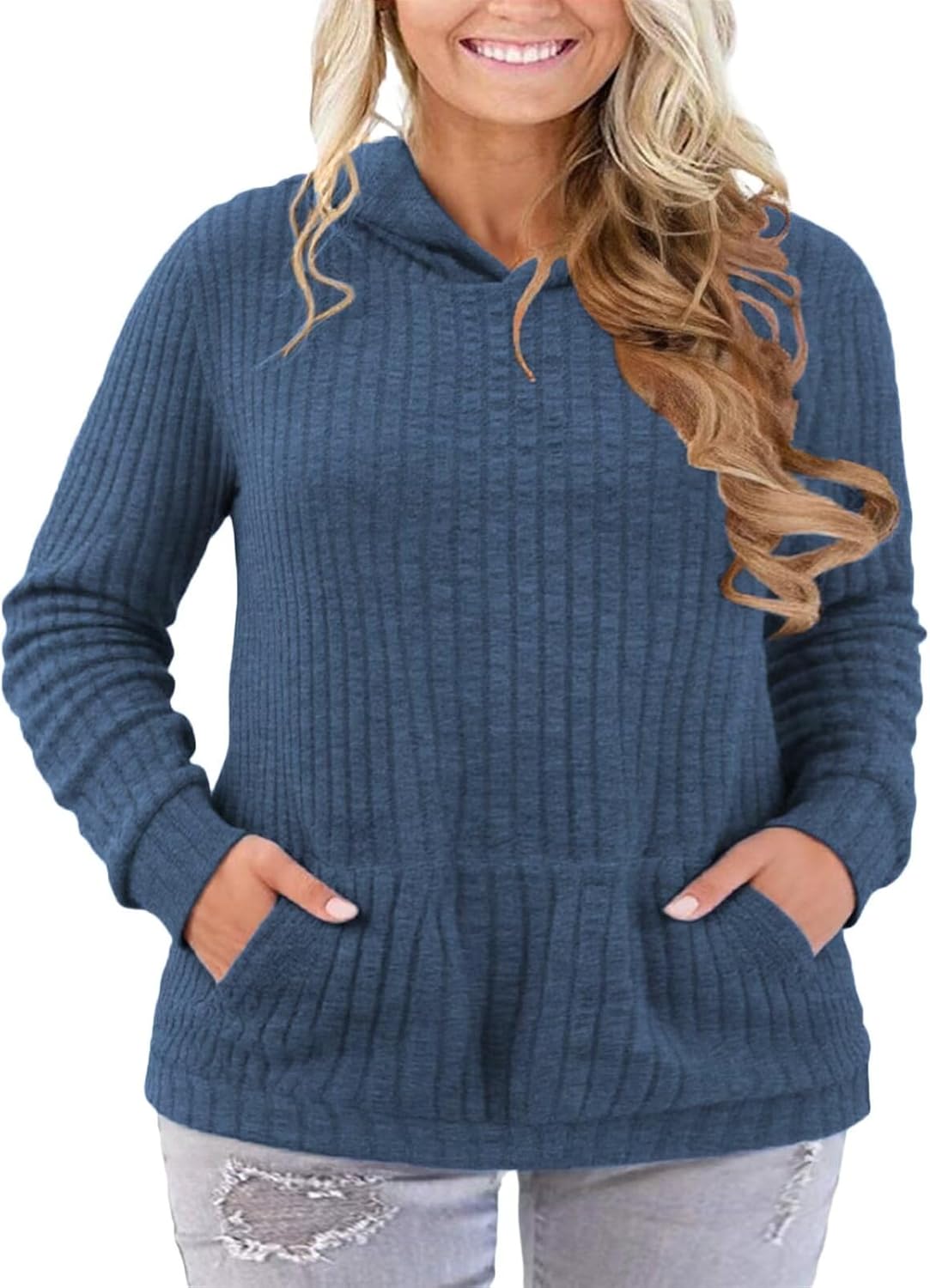 Plus-Size-Hoodies for Women Casual Kangaroo Pocket Sweaters Trendy Long Sve Pullover Sweatshirts Cute Loose Tops - Image 2