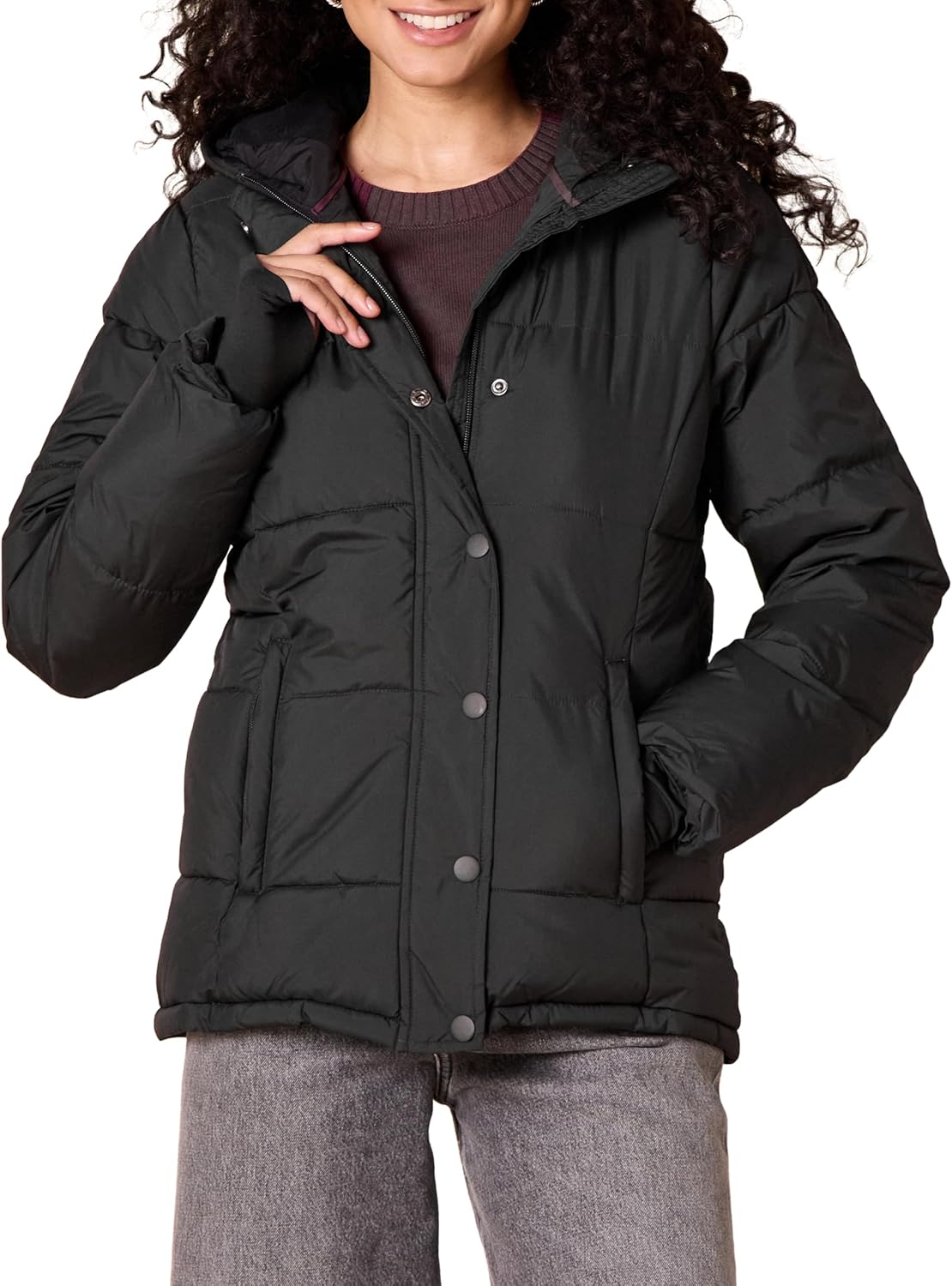 Womens Heavyweight Quilted Long-Sve Hooded Puffer Coat (Available in Plus Size)